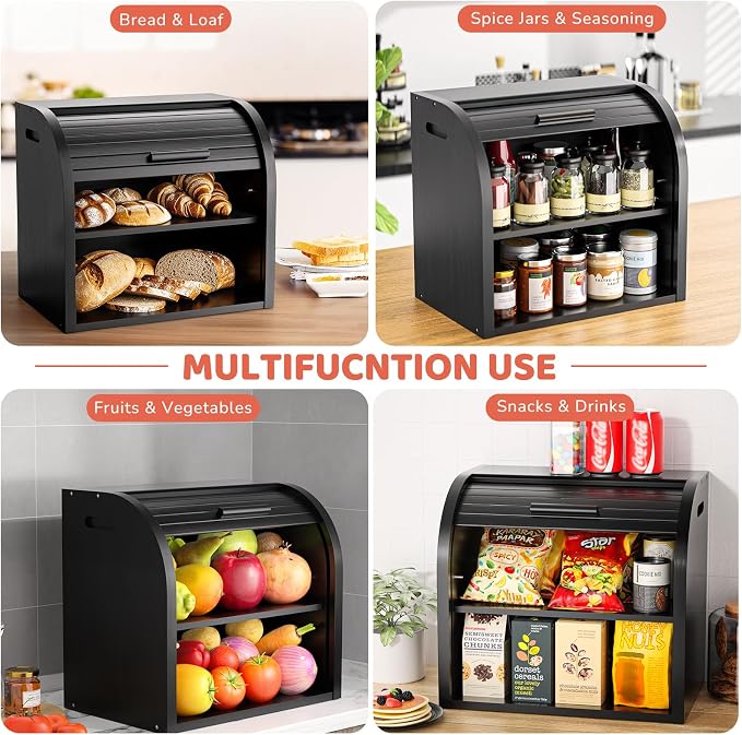 G.a HOMEFAVOR 2-Tier Bamboo Bread Box for Kitchen Counter, Black | Large Roll Top Bread Storage Container, Bread Holder Food Bin for Countertop, Self-Assembly - Image 6
