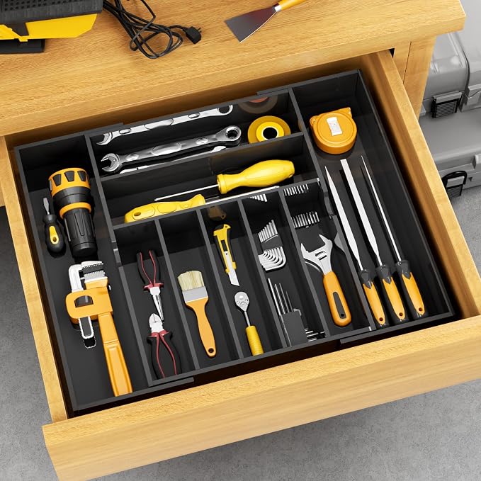 NIUBEE Acrylic Utensil Silverware Tray for Drawer, Cutlery Organizer, Black | Expandable Silverware Organizer for Flatware, 9 Compartments Adjustable Utensil Organizer,Clear Silverware Holder for Kitchen - Image 6