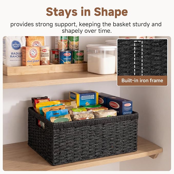 StorageWorks Wicker Storage Baskets for Organizing, Black Baskets, 2-Pack | Paper Rope Wicker Baskets with Handles, Black Storage Baskets for Shelves, Black Wicker Baskets, Woven Baskets - Image 5