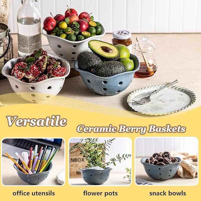 Gomakren Ceramic Berry Basket Set of 2, Elegant Fruit Bowl with Holes for Kitchen Counter, 6 Inch, Berries, Strawberry, Grape, Cherry, Floral Shape, Slate Blue, Dishwasher Safe - Image 7