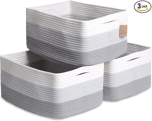 NaturalCozy Storage Baskets 16.8”x13”x7.6” Cotton Rope Woven Baskets for Organizing 3-Pack | Toy Storage Bins | Basket for Shelves, Laundry, Blanket, Clothes, Closet, Kitchen, Bathroom, Gifts by NaturalCozy