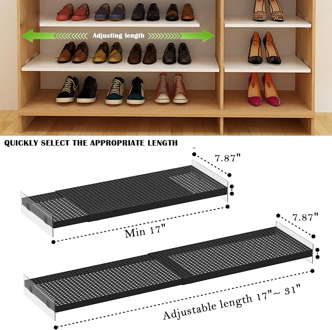 Adjustable Closet Shelves Organizers, Expandable for Cabinet Rack Storage Wardrobe Tension Shelving for Pantry Cupboard Kitchen (2 Perforated, W:7.87" x L: 17" to 31") - Image 3