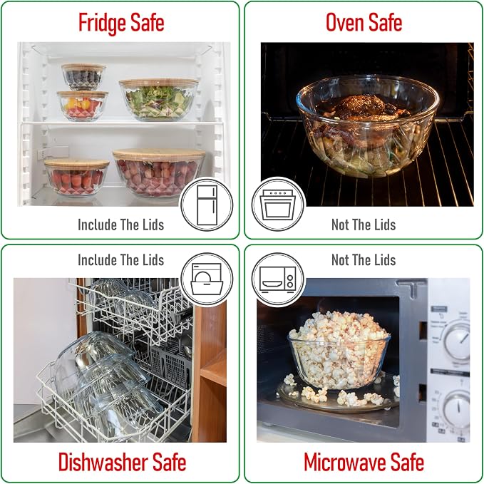 Large Stackable Set of 5 Nesting Glass Bowls with Bamboo Lids for Foodprep, Storage, Baking, Sourdough Mixing & Cooking. Microwave & Oven Safe Heat Resistant Inert Borosilicate Glass - Image 6