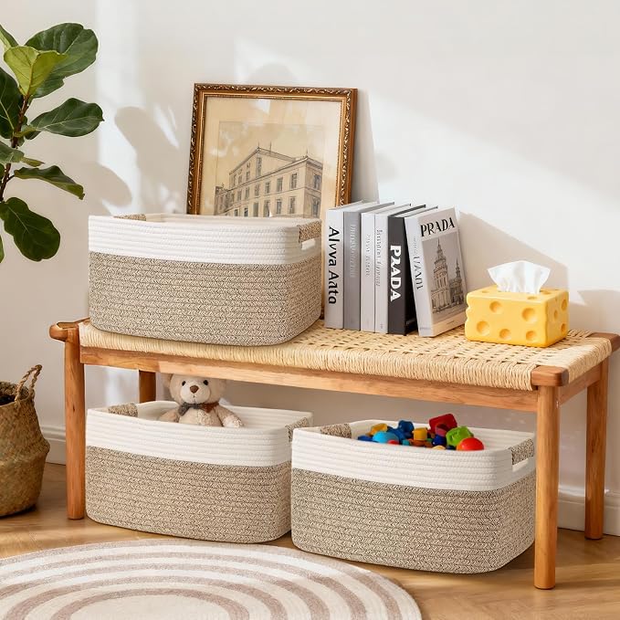 4 Pack Large Storage Basket for Organizing, 17.5"x13"x7" Woven Basket for Shelves, Closet Cube Storage Bins with Wrapped Handle, Cotton Rope Baskets for Kitchen, Clothes, Toys(Off White & Brown) - Image 2