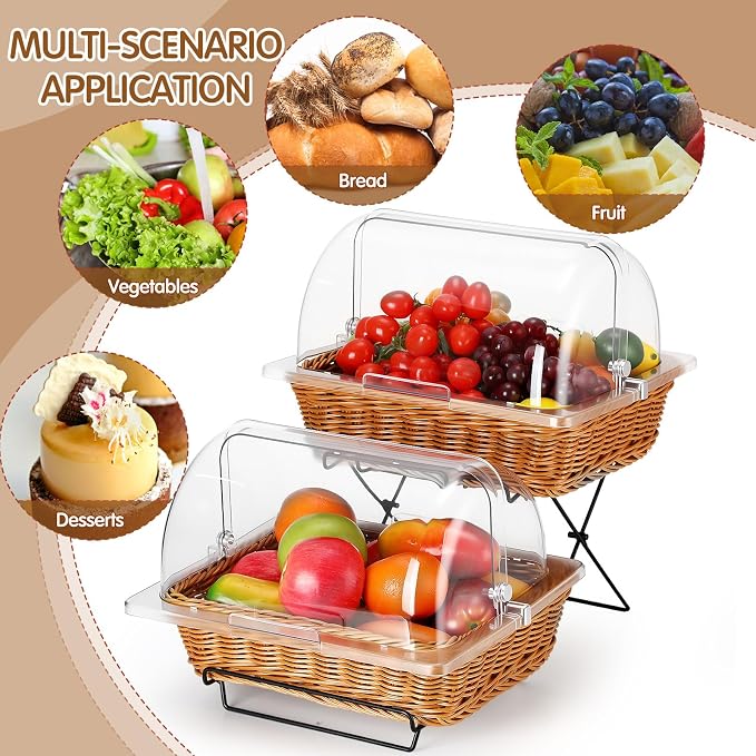 2 Pack Imitation Rattan Plastic Bread Basket, with Acrylic Lid and Metal Display Stand Rectangle Woven Fruit Basket for Food Display Tabletop, 13.78 x 9.84'' (Flip Top Food Cover) - Image 5