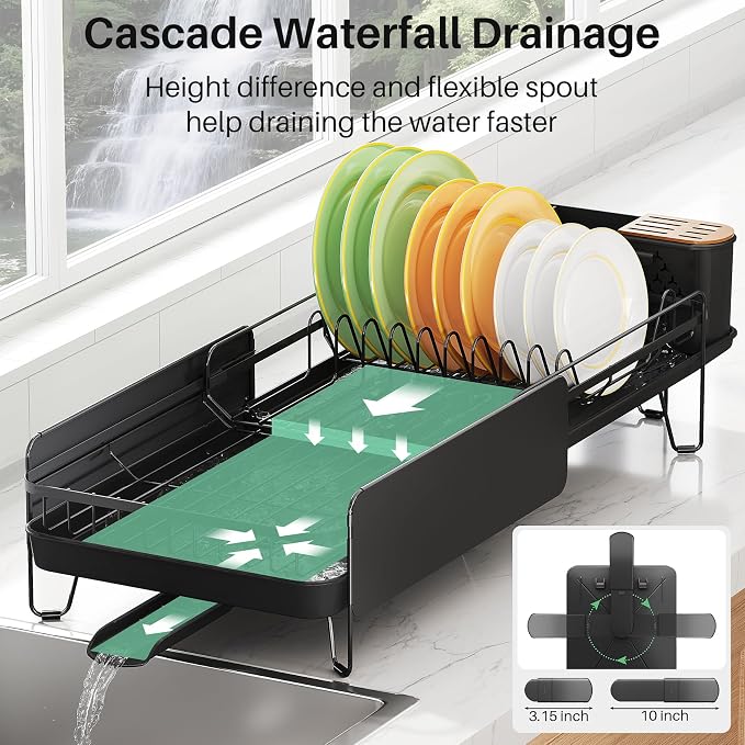 SNTD Large Dish Drying Rack for Kitchen Counter, Expandable, Black | Stainless Steel Dish Drainer, Adjustable Length 18.9''-29.3'', Automatic Drainage, 360° Spout, Cutlery Holder with Knife Slot - Image 4