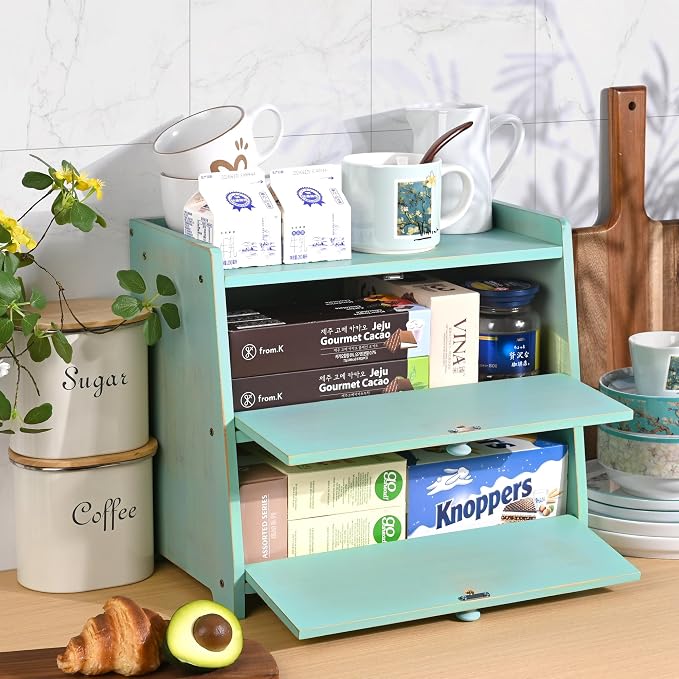 Bamboo Corner Bread Box for Kitchen Countertop 2-Tier Green | Farmhouse Bread Storage Container, Large Pantry Organizers for Homemade Snacks, Loaves, Breathable Keeps Bread Fresh - Image 7
