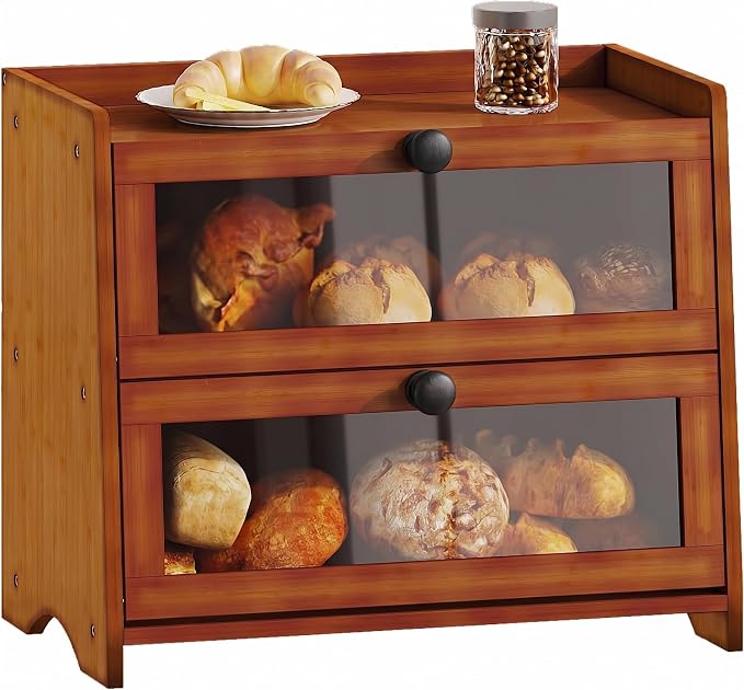 BAMBANG Bread Box for Kitchen Countertop, Extra Large Bamboo Bread Storage Container for Homemade Bread, Double Layer Sourdough Breadox, Bread Bin Organizer for Counter Cabinet Pantry, Brown by BAMBANG