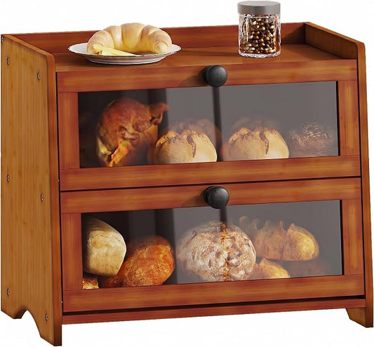 BAMBANG Bread Box for Kitchen Countertop, Extra Large Bamboo Bread Storage Container for Homemade Bread, Double Layer Sourdough Breadox, Bread Bin Organizer for Counter Cabinet Pantry, Brown by BAMBANG