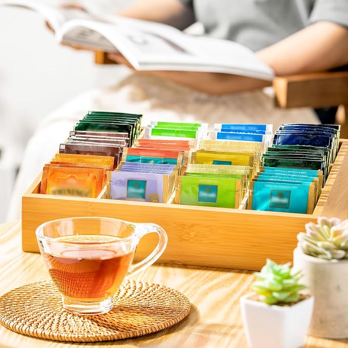 TIMIEEYA Tea Bag Organizer - Bamboo Tea Storage Organizer With 12 Compartments, 1 Layer Tea Organizer for Tea Bags Natural Bamboo for Countertop Office Kitchen Cabinet Pantry - Image 5