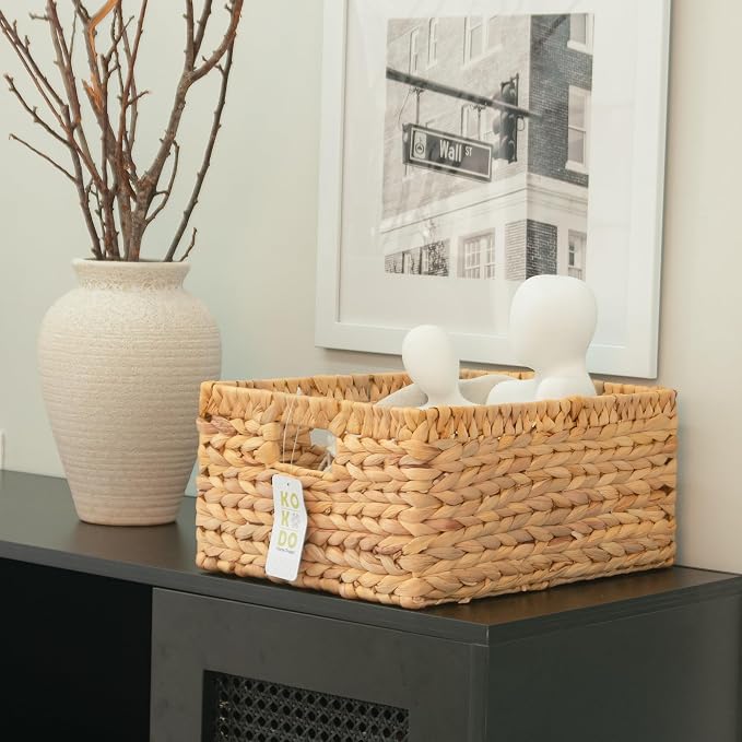 KOKODO 15”L x 11”W Large Rectangular Water Hyacinth Wicker Storage Basket with Handles, Metal Frame and Chalkboard Label, Handwoven Bin for Space-Saving Room Organization - Image 6