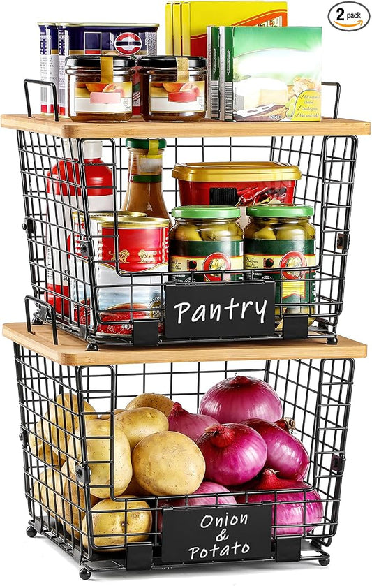 2 Set Large Stackable Wire Basket with Bamboo Tops & Tag- Pantry Organizer and Storage Bins, Kitchen Counter Cabinet Shelf Countertop Under Sink Organizing for Food Snack Produce Onion Potato Bread by AOZITA