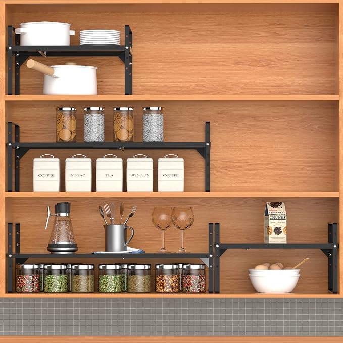 2 Pack Expandable Cabinet Storage Shelf Organizer Rack, Heavy Duty Steel Metal Spice Rack Adjustable Height Office Garage Pantry Shelf Space Riser for Counter Kitchen Organization, Black - Image 5