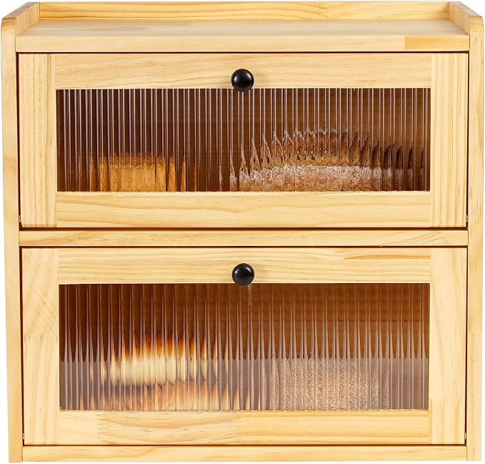 Sunhoo Bread Box for Kitchen Countertop Wooden Bread Storage Container Bin 2 Layer Breadbox Holder Large Capacity Keeper Vintage Farmhouse Food Organizer Pantry Shelf Acrylic Window（Wood color） by Sunhoo