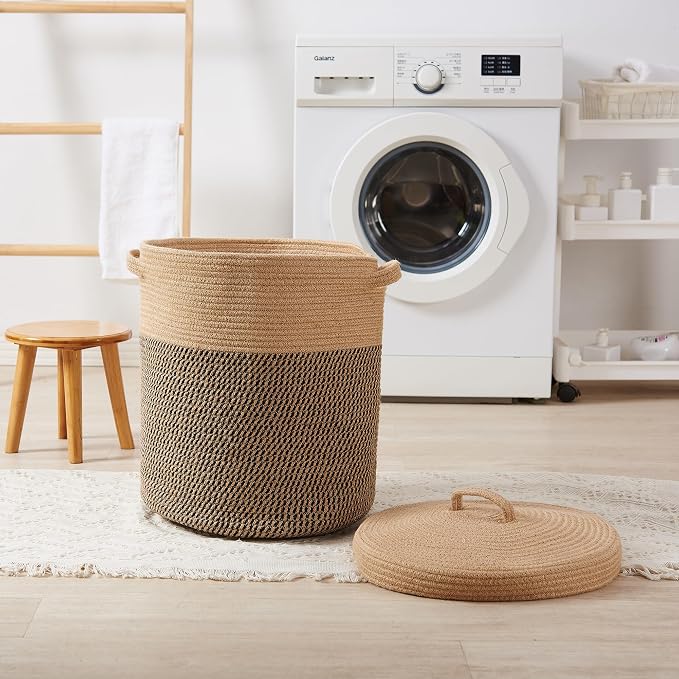 Extra Large Storage Basket with Lid 60L, 16"Wx18"H Woven Laundry Hamper Basket with Handle, Jute Rope Wicker Basket Blankets Pillows Storage in Living Room Baby Nursery, Jute/Black Mix includes Lid - Image 7