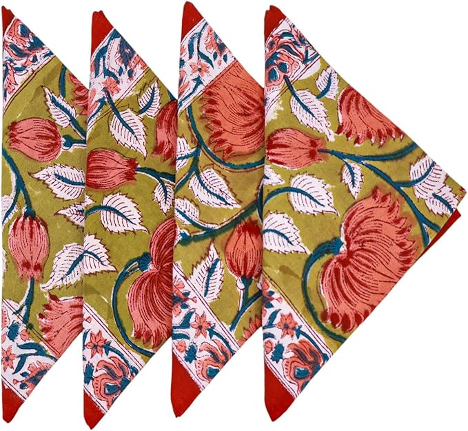 14x14 Inches Cotton Napkins Set of 4, Yellow Red, Washable Hand Block Printed Reusable Cloth Napkins for Dinning, Party, Wedding, Home Decor Fall - Image 6