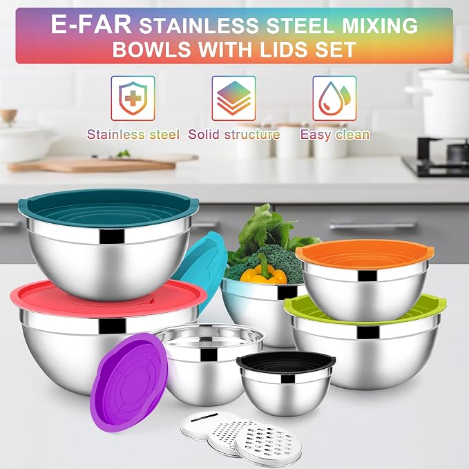 E-far Mixing Bowls with Lids Set, 7-Piece Stainless Steel Mixing Bowls with 3 Grater Attachments, Size 4.6, 3.5, 2.6, 2, 1.5, 1, 0.7QT, Nesting Design & Colorful Airtight Lid, For Baking/Prepping - Image 7