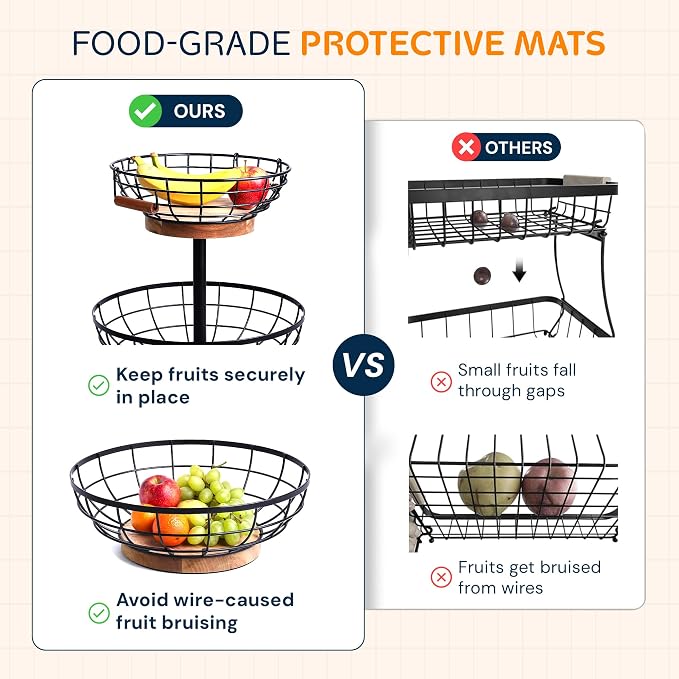 2 Tier Fruit Basket with Banana Hanger, Metal Fruit Bowl Stand with Wooden Base, Kitchen Counter Fruit Organizer for Vegetables, Bread, Snacks Storage Basket - Image 6