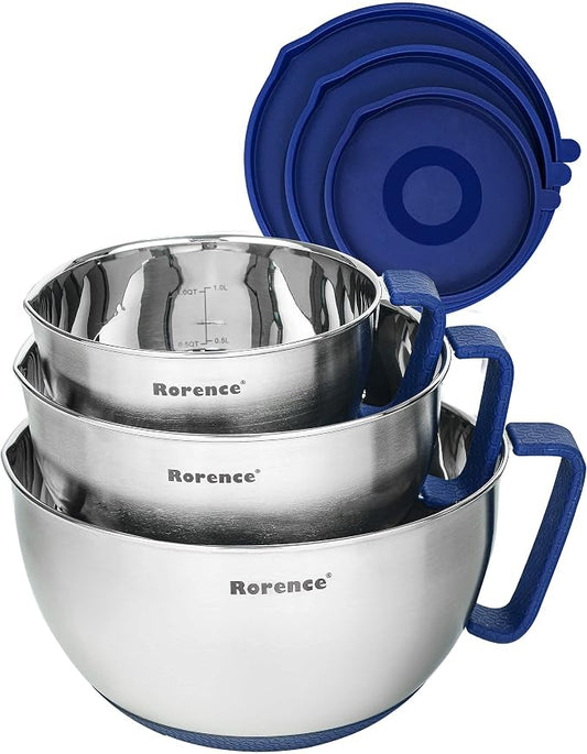 Stainless Steel Mixing Bowls Set with Lids,1.5,3 & 5 Qt,Blue | Non-Slip Silicone Base,Precision Pour Spout,Ergonomic Easy-Grip Handle,Measurement Marks,Airtight Lids,Cooking & Meal Prep by Rorence