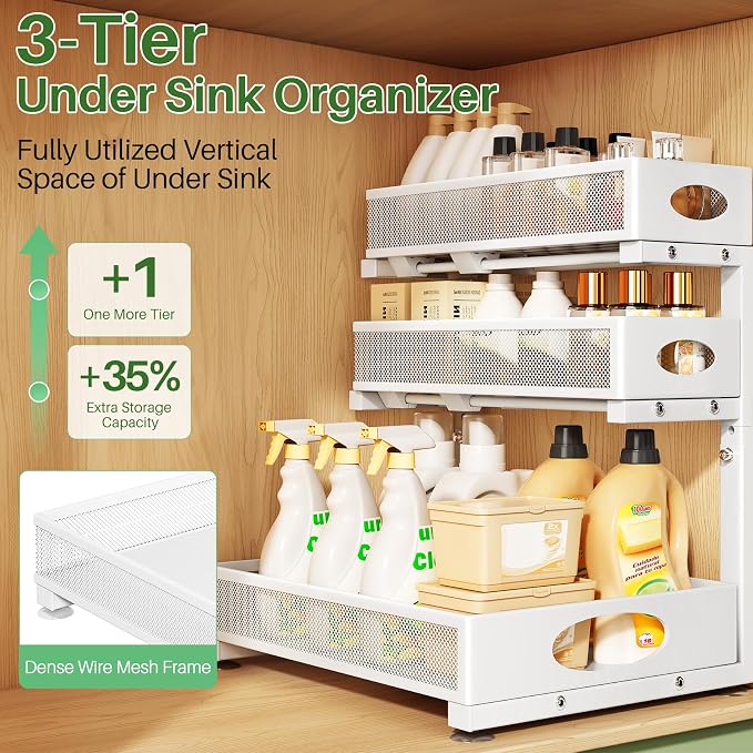 Kitstorack Under Sink Organizer 3-Tier Slide Out Drawer for Bathroom 1-Pack | Height Adjustable, Metal Mesh Storage Rack, Pull out Cabinet Organizer Shelf for Kitchen Pantry Home Laundry Organization - Image 3