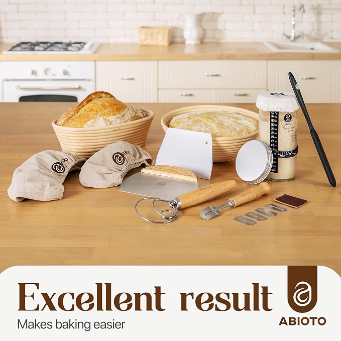 ABIOTO Sourdough Bread Baking Supplies and Starter Kit - Ultimate Bread Making and Sourdough Starter Kit with Proofing Baskets, 24oz Sourdough Jar, Bread Lame, Scrapers and Danish Whisk - Image 8