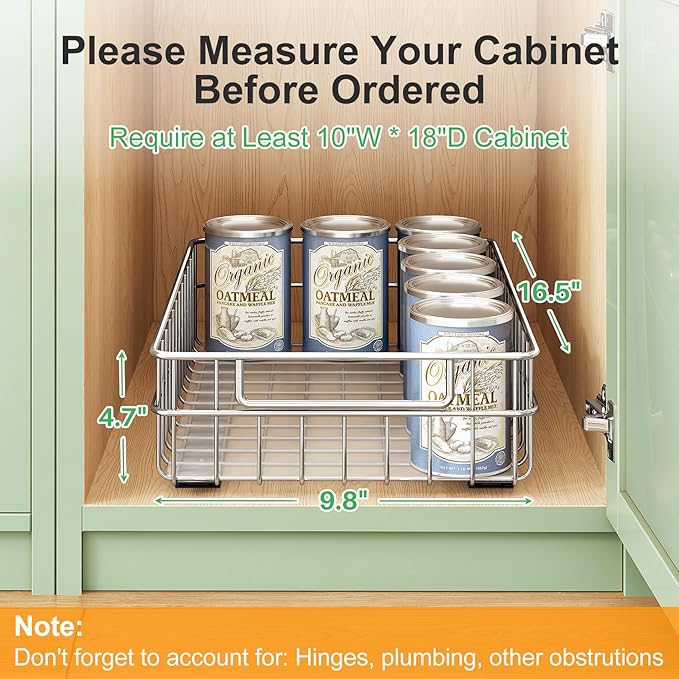 Pull out Cabinet Organizer, Stainless Steel 2-Pack (9.8"W x 16.5"D) Full-Extension Slide out Drawer, Adhesive Roll out Can Spice Storage Basket Shelf Rack for Pantry, Kitchen, Bathroom, Home Closet - Image 2