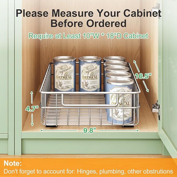 Pull out Cabinet Organizer, Stainless Steel 4-Pack (9.8"W x 16.5"D) Full-Extension Slide out Drawer, Adhesive Roll out Can Spice Storage Basket Shelf Rack for Pantry, Kitchen, Bathroom, Home Closet - Image 2