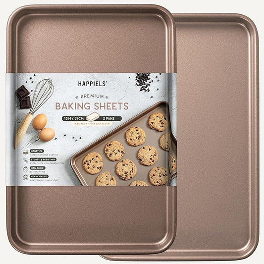 10 x 15 inch Nonstick Jelly Roll Sheet Pan 2-Pack, PFOA & BPA Free | | Non-Toxic - High Carbon Steel - Gold - Cookie Baking Sheets for Oven by HAPPIELS