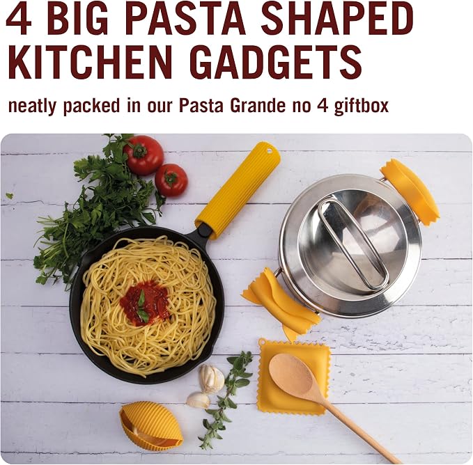 Monkey Business Silicone Kitchen Tools in Gift Box/ 4 Big Pasta shaped kitchen gadgets/Farfalloni Pot Grips, Ravioli Spoon Rest, Conchiglie Lemon Squeezer and Penne Pan Grip/Pasta Grande No. 4 - Image 2