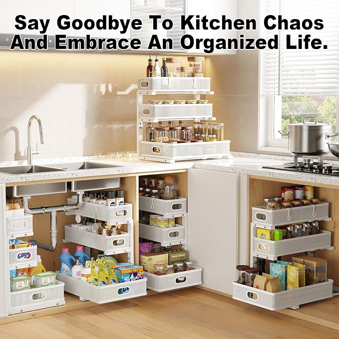 2 Pack Under Sink Organizer,3-Tier White Metal Pull Out Kitchen Cabinet Organizers,Slide Out Undersink Storage Drawers,Under The Sink Organization and Storage, Bathroom Shelves for Pantry,Laundry Room - Image 7