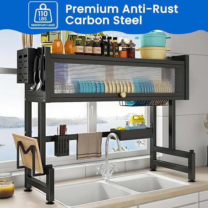 ASIEIT Dish Drying Rack, 3-Tier Over The Sink Dish Drying Rack, 33.5" Over Sink Dish Rack for Small Kitchen, Space-Saving Dish Rack with Cover, Baskets, Utensil, Large Sink Storage Organizer Black - Image 2