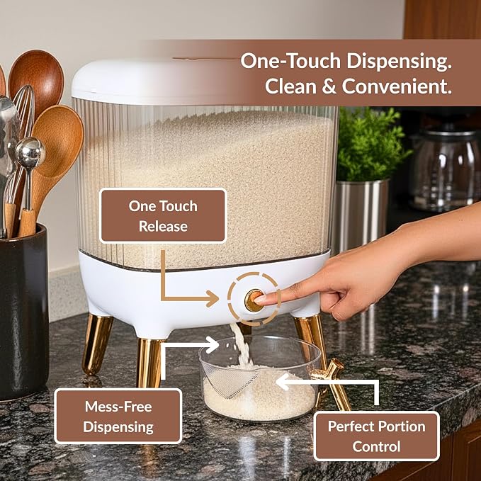 FromUS2U Rice Container, 25 Lbs Airtight Grain Dispenser, Large Cereal Dispenser Countertop for Kitchen Space-Saving Food Bin with Easy Pour Design for Pantry Organization - Image 2
