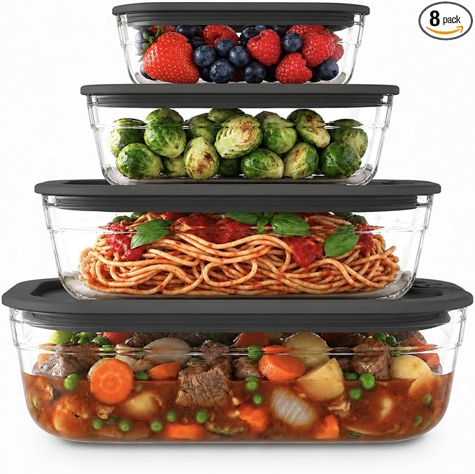 Naked Kitchen 8-Piece Food Storage Containers with Lids – Nesting Borosilicate Glass Meal Prep Containers with Leak-Proof Airtight Seal – BPA Free, Microwave, Oven, Freezer & Dishwasher Safe – Black by NakedKitchen