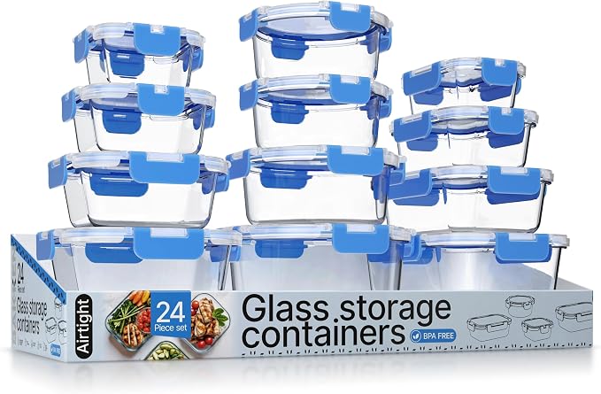 Bakken Borosilicate Glass Food Storage Containers with Lids 24 Pieces, BPA-Free Stackable Lunch & Leftover Containers, Microwave, Freezer & Dishwasher Safe, 100% Airtight Leak-Proof, Blue by BAKK%C3%8BNMASTER