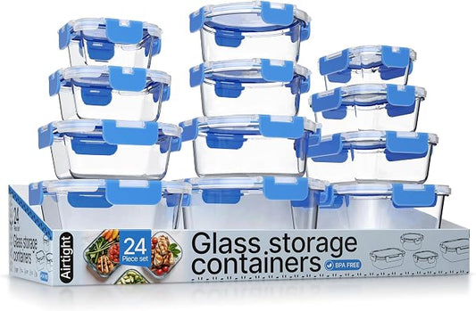 Bakken Borosilicate Glass Food Storage Containers with Lids 24 Pieces, BPA-Free Stackable Lunch & Leftover Containers, Microwave, Freezer & Dishwasher Safe, 100% Airtight Leak-Proof, Blue by BAKK%C3%8BNMASTER