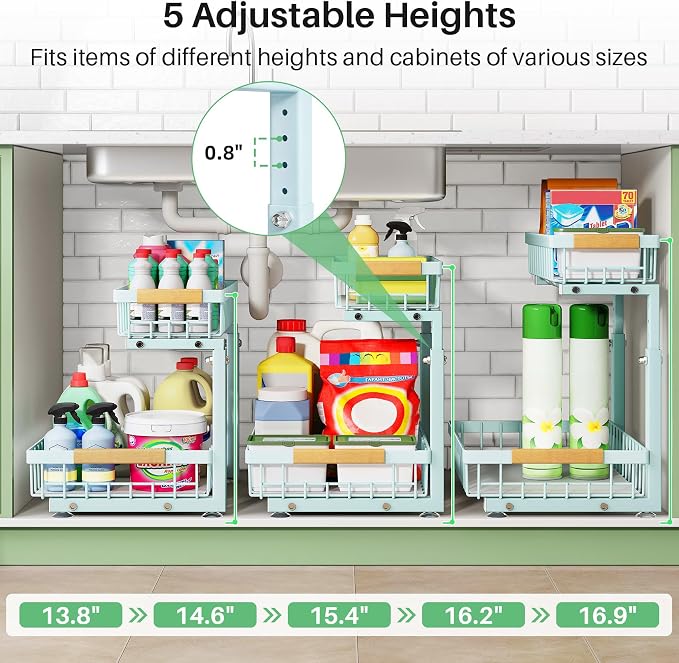 Kitstorack Under Sink Organizer, 2 Tier Under the Sink Storage, Slide out Pull out Cabinet Organizer Shelf, Metal Sliding Drawer for Kitchen Bathroom Pantry Closet Organization Rack, Blue, 2 Pack - Image 4