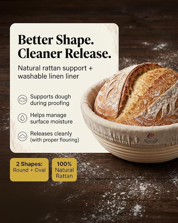 Banneton Bread Proofing Basket with Liner – Natural Rattan Dough Riser with Sourdough Baking Accessories, Artisan Bread Loaves, Homemade Bread Making - 9” Round Sourdough Starter Kit - Image 2