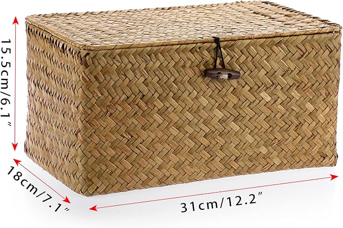 Hipiwe Wicker Shelf Baskets Bin Handwoven Seagrass Storage Basket with Lid | Rectangular Household Basket Boxes for Shelf Wardrobe Home Organizer, Caramel Medium - Image 4