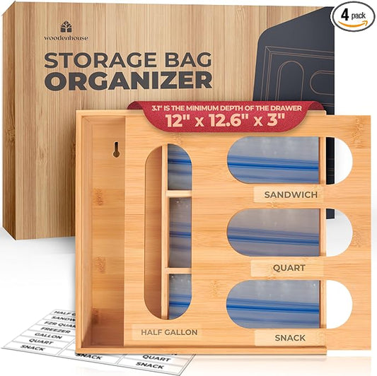 Bamboo Storage Bag Organizer for Drawer – Plastic Bag Organizer for Kitchen | Single Block Design, Quick Refill Slider – Fits Half Gallon, Quart & Snack Size Bags by Woodenhouse