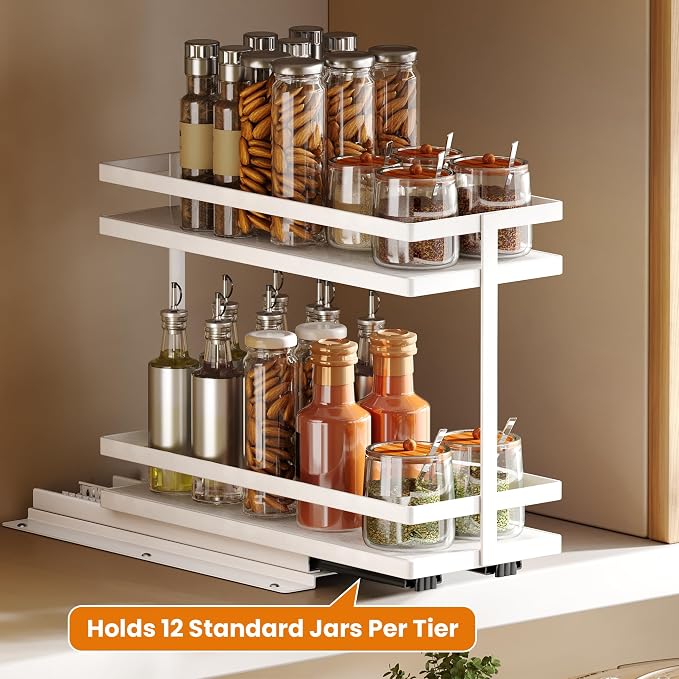 Pull Out Spice Rack 2Pcs Metal & Wood Seasoning Organizer White | No-Drill Install | Full-Extension Silent Glide | Each Tier Holds 10–12 Standard Spice Bottles | Rustproof, Wipe-Clean Surface - Image 8