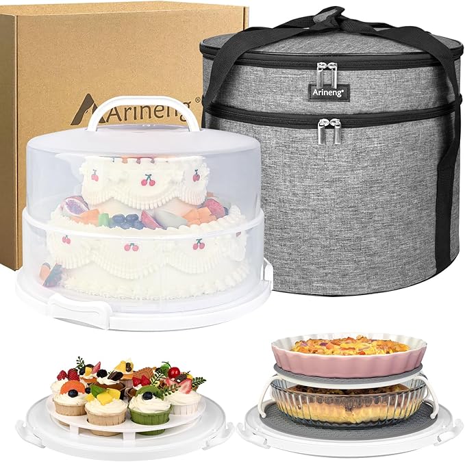 12 Inch Cake Carrier with Lid & Handle BPA-Free Cake Transport Container, Includes Insulated Bag, Cupcake & Pie Holders for Secure Dessert Delivery (Fits 7" Tall Cakes) (Grey) by Arineng