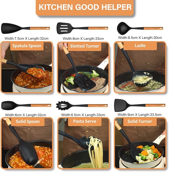 Large Silicone Kitchen Utensils Set with Holder, 25Pcs Cooking Utensil Set with Wooden Handle, Heat Resistant Spatula Sets for Cooking, BPA Free Silicone Utensils Set for Non-Stick Cookware(Black) - Image 9