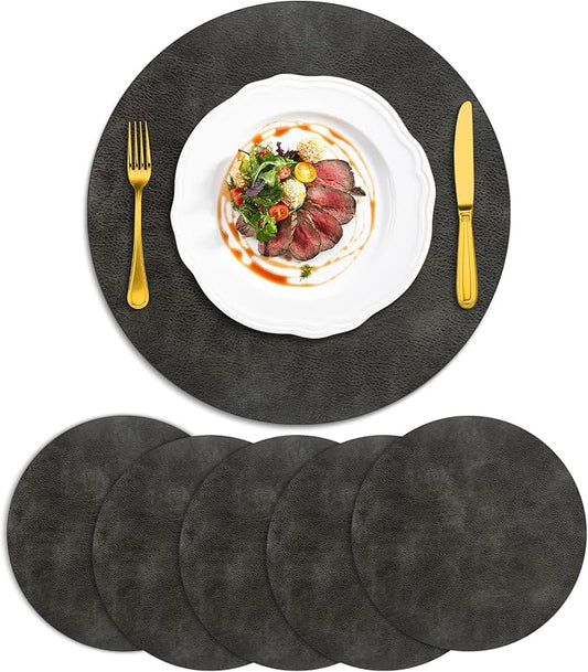 ADRIMER Placemats, Heat Resistant Round Placemats Set of 6 Washable, Waterproof Table Mats, Wipeable Faux Leather Place Mats for Kitchen, Dining Room, Dark Grey by Adrimersdreamistobeanindispensablecompanioninyourlife