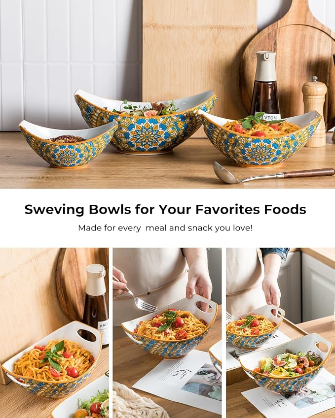 LAUCHUH Serving Bowls with Handles, Bohemian Porcelain Serving Dishes | Mixing Bowls for Entertaining Colorful Nesting Bowls Salad Bowls for Kitchen, Thanksgiving, Set of 3, 15/28/49 oz, Blue & Red - Image 3