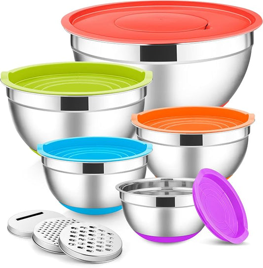 E-far Stainless Steel Mixing Bowls with Lids Set, 5-Piece Nesting Salad Bowls with 3 Grater Attachments and Non-Slip Bottoms, Size 4.6, 2.6, 2, 1.5, 1QT for Kitchen (Colorful) by E-far