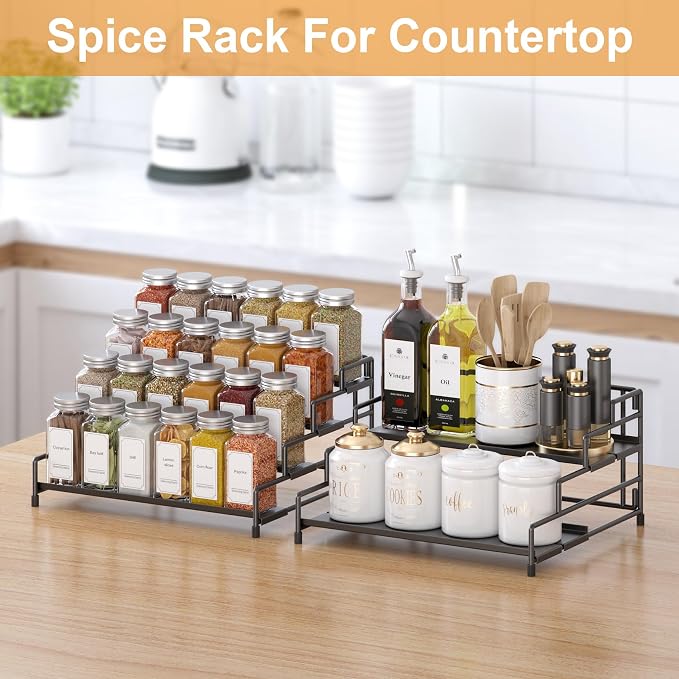 RUILALIFE 4-Tier-Spice-Rack-Organizer-for-Cabinet, Adjustable Depth Spice Holder Shelf For Countertop Pantry Cupboard, Metal Tiered Seasoning Organizer,Display Shelf Riser (Black-2 Pack) - Image 5