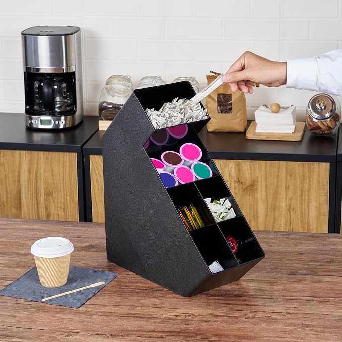 Restaurantware Restpresso Coffee Bar Organizer, 1 Count Durable 6 Compartments, Compact Size, Black Plastic Tabletop Coffee Supplies Organizer For Homes, Office Spaces, Breakrooms, and Lounges - Image 5