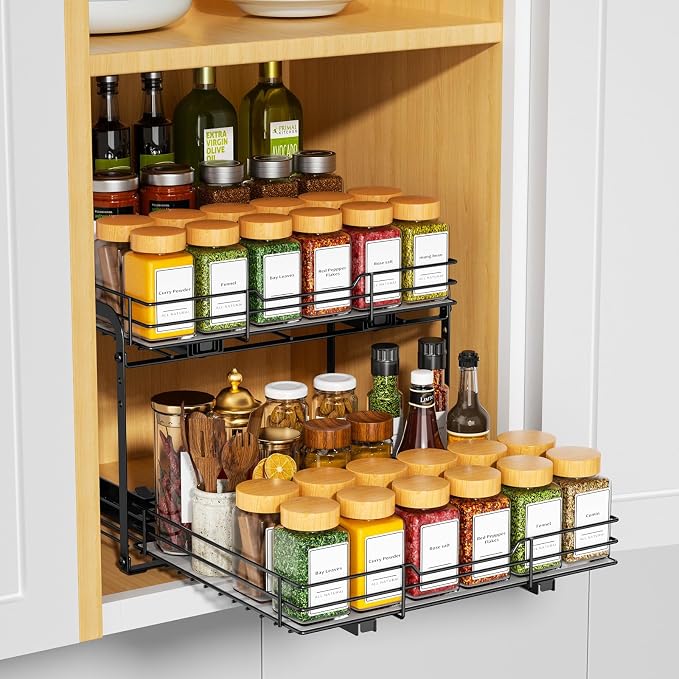 RCHYFEED 2 Tier Height Adjustable Pull Out Spice Rack,13.5" Wx10.5 Dx9.5 H | Heavy Duty Spice Organization for Cabinet Metal Slide Out Spice Rack for Cabinet & Pantry, for Seasoning,Sauces,Canned Goods - Image 3