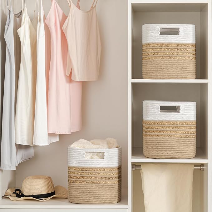 UBBCARE Set of 4 Storage Cubes 11 X 10.5 X 10.5 in, Water Hyacinth Storage Bins for Shelves, Book, Storage Baskets with Handles, Cotton Rope Woven Baskets for Organizing, Brown - Image 5