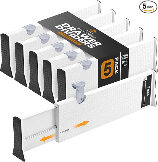 RAPTUROUS Adjustable Deep Drawer Divider – 5" Tall, Expandable 13-22", 5-Pack, Non-Slip Drawer Dividers for Clothes, Dresser, Kitchen & Office Organization (White) by Rapturous
